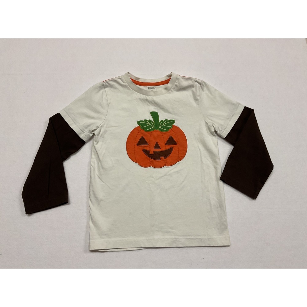 Gymboree Boys 5T Pumpkin Halloween Long Sleeve Layered Tee Cream Brown Cotton